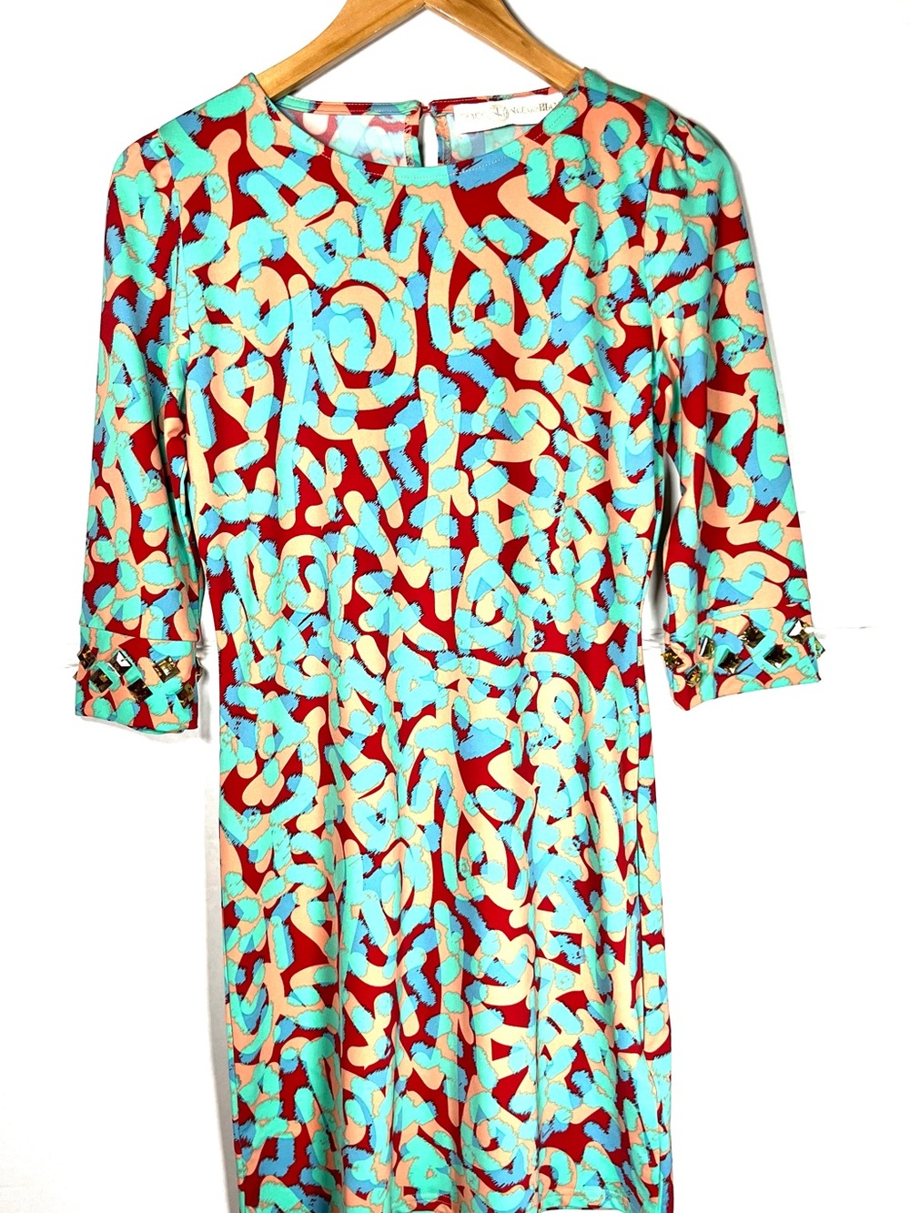 Tracy Negoshian Aqua, Red & Cream Abstract Midi Dress